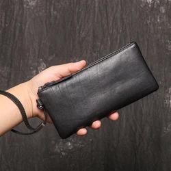 SIMLINE Genuine Leather Wallet For Men Male Real Cowhide Men's Long Zipper Slim Clutch Wallets Purse With Card Holder Phone Bag