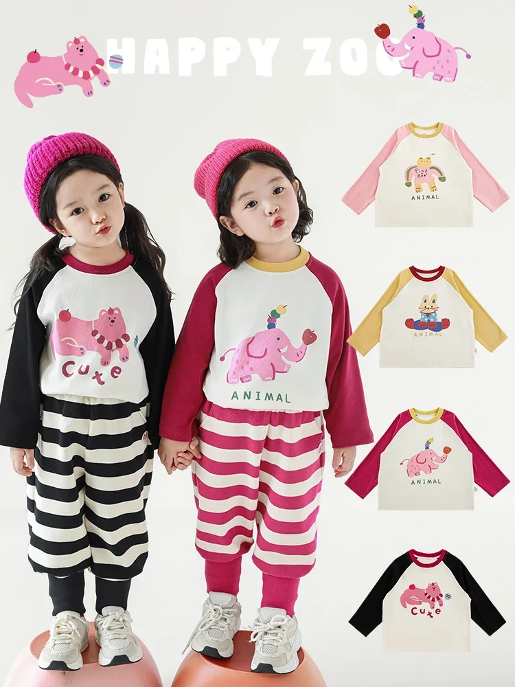 Girl's Contrasting Color Long Sleeved T-shirt Autumn Vitality Cute Playful Animal Print Elastic Casual Top