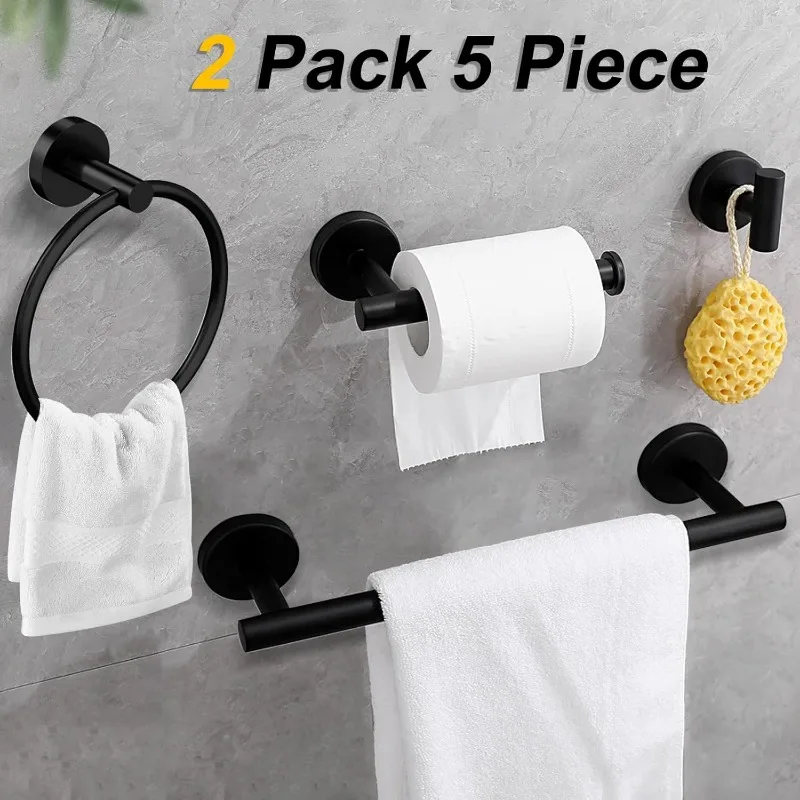 10 Piece Matte Black Bathroom Accessories Set, 24inch  Towel Bar Ring+Toilet Paper Holder+ Robe Towel Hook  Stainless Steel