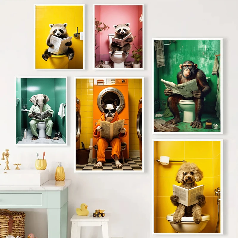 Raccoon Panda Dog Chimpanzee Animal Posters Print Funny Wall Art Picture Canvas Painting for Bathroom Toilet Room Home Decor