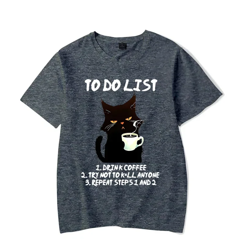 Black Cat To Do List Graphic T Shirts Funny Cat Coffee Tshirts Tops Oversize T-shirt Fashion Harajuku T-shirts Men Brand T-shirt