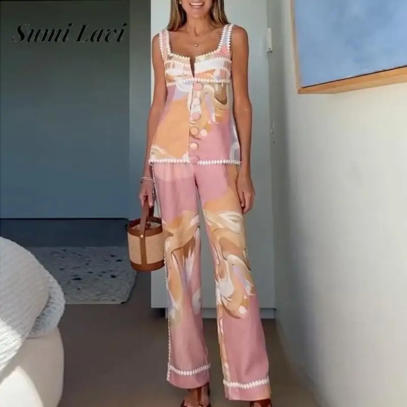 

Summer Fashion Print Button 2 Piece Suits Sexy Off Shoulder Vest Top & Long Pants Set Women Elegant Sleeveless Vacation Outfits