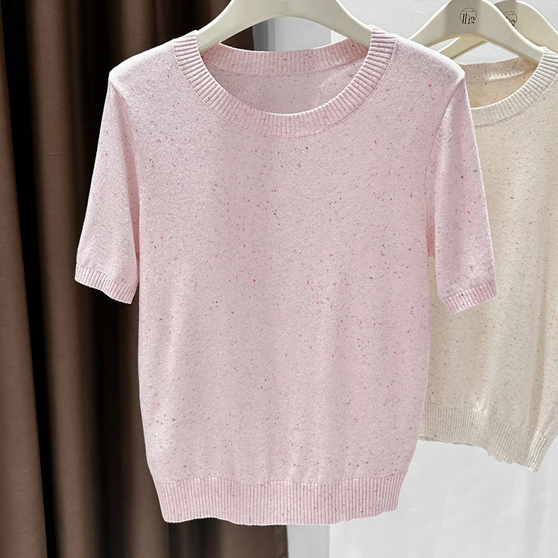 

Design sense color short-sleeved T-shirt women's summer thin knitted loose casual top simple round neck straight shoulder bottom