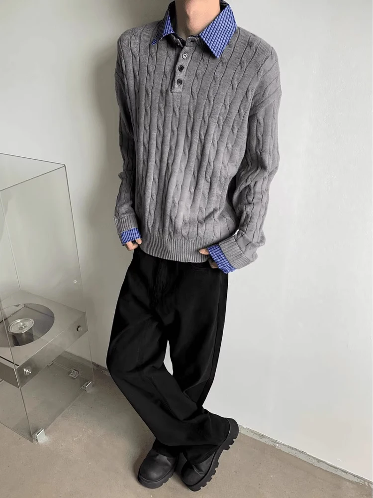 Bla Knitted Long Sve Sweater Men's Sle Lazy  Coat Autumn Winter High End Feeling Fake Two-Piece Design Button Closure