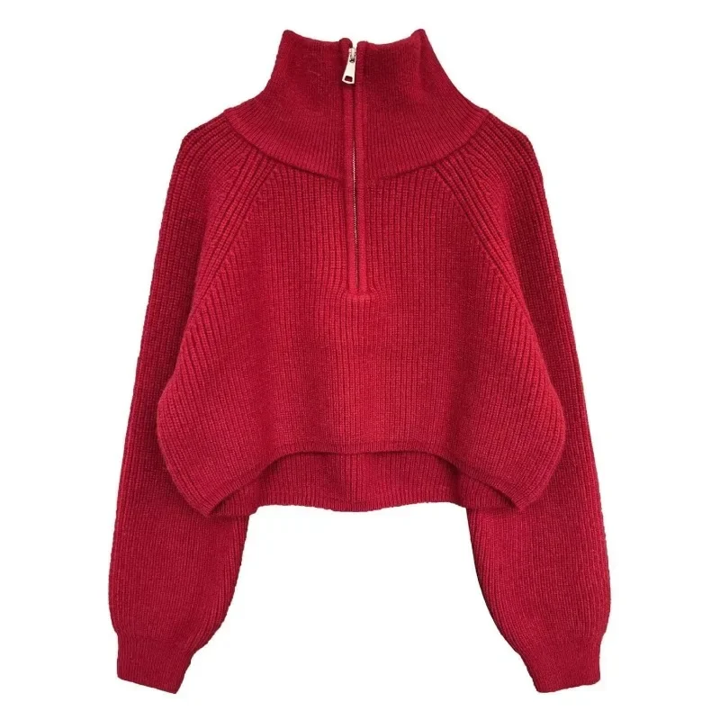 New Style Zipper Choker Knitwear Knit Loose Autumn and Winter Sweater Western Style Sense of Design Jacket Short Style