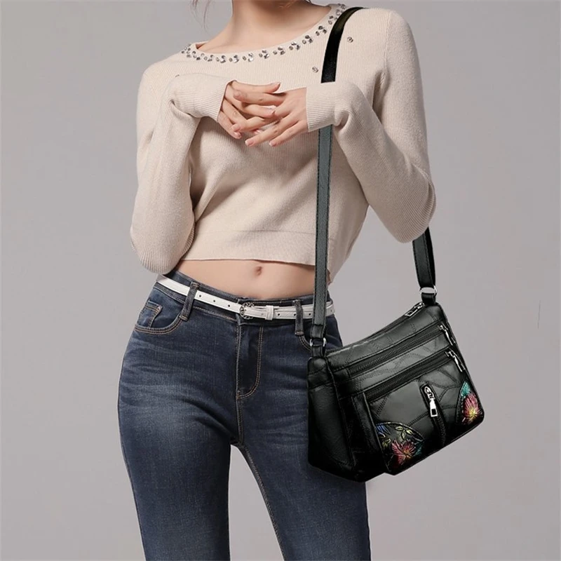 Luxury Soft Leather Women Messenger Shoulder Handbags and Purses Flowers Multi-pocket Crossbody Mommy Bag Ladies Sac 2023 New