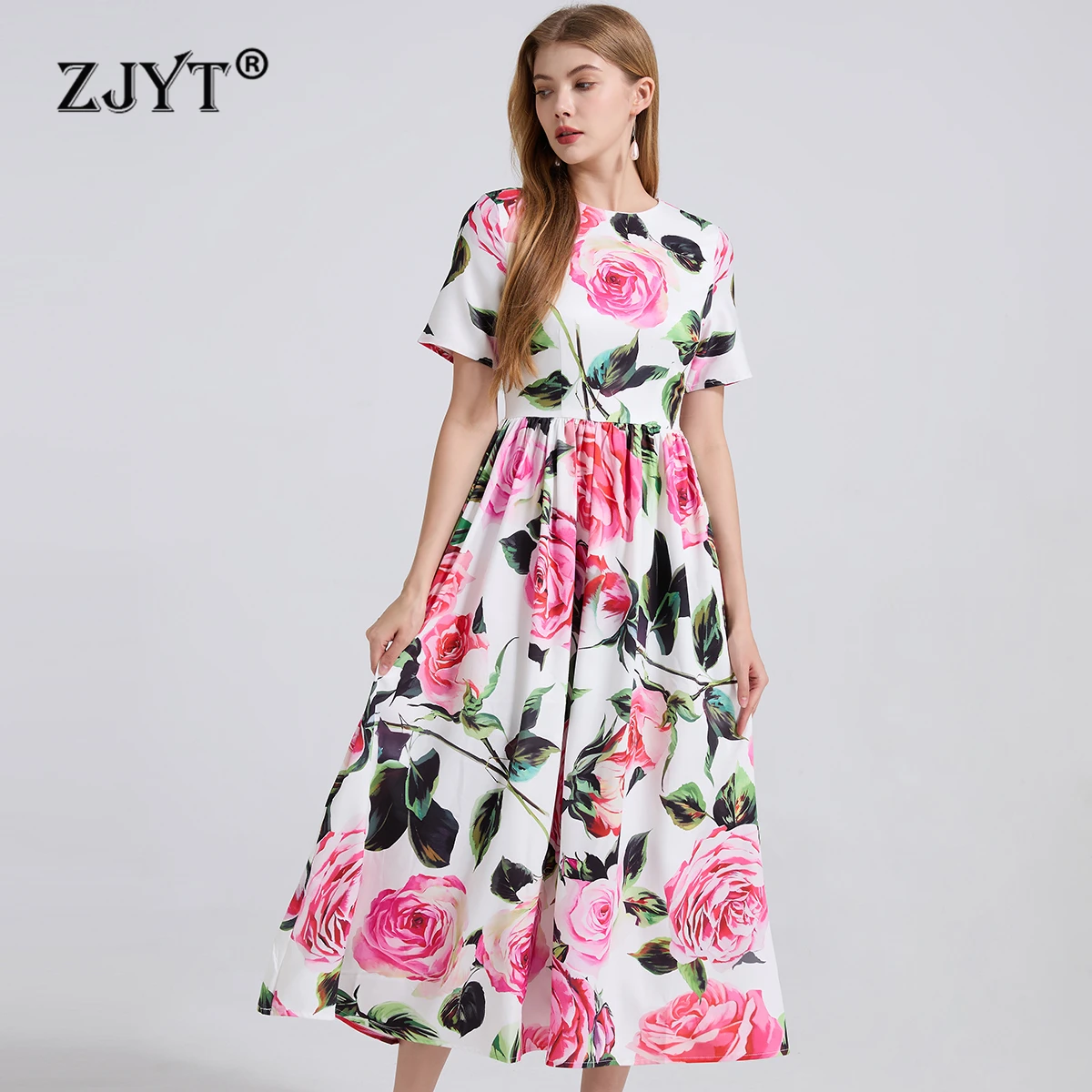 

ZJYT Runway Fashion Summer Floral Print Long Dresses for Women Short Sleeve Elegant Party Vacation Dress Female Vestidos 2025