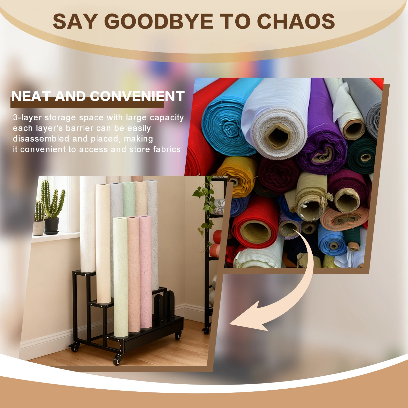 

Тележка-стеллаж для хранения рулонов текстиля и винила на 3/2 яруса с колесами для штор, обоев, скатертей