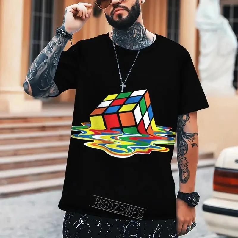 Street Men's Harajuku T-shirts Cool Popular Multicolor Rubik's Cube 3D Printed T-shirts Trendy Men's Large Size Short Sleeve Top