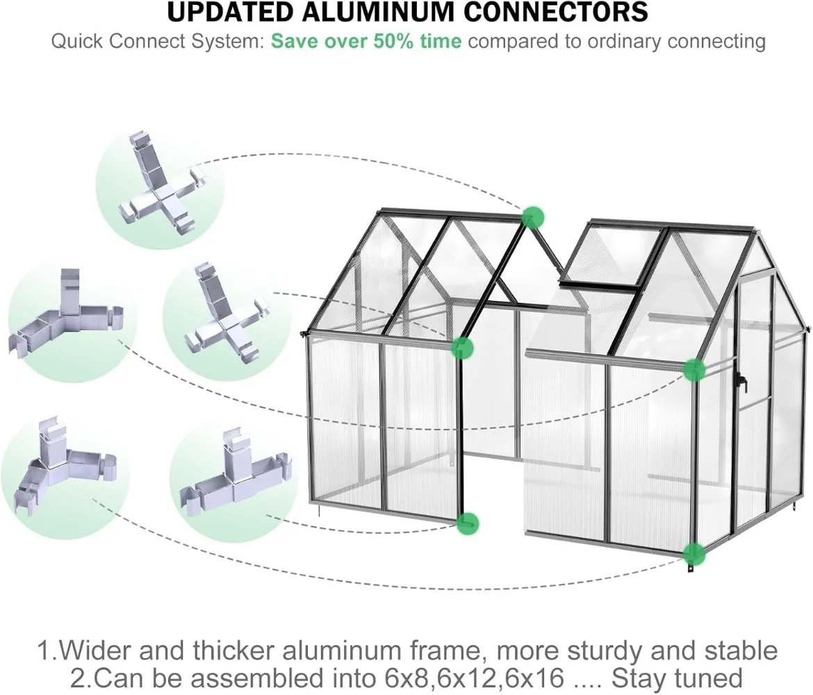 8.2x6.2 FT Greenhouse for Outdoors, Easy Assembly Aluminum Heavy Duty Polycarbonate Greenhouses w/Vent Window, Swing Door.