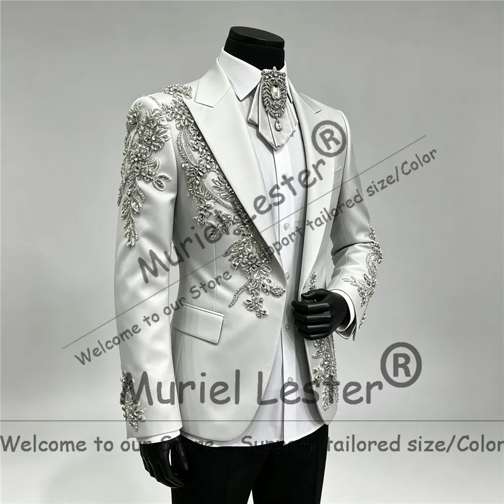 Exclusive Groom Wedding Tuxedo Suit Set Sparkly Diamond Beading Appliques Prom Blazer With Black Pants 2 Piece Sets Man Clothes