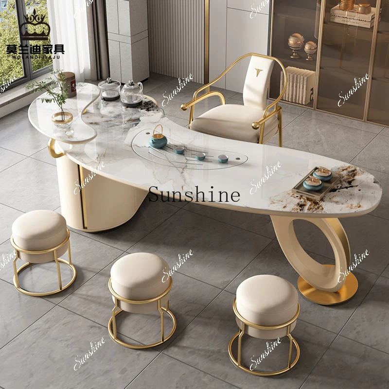 Light luxury high-end sense simple office tea integrated table creative curved tea table and chair combination modern rock slab