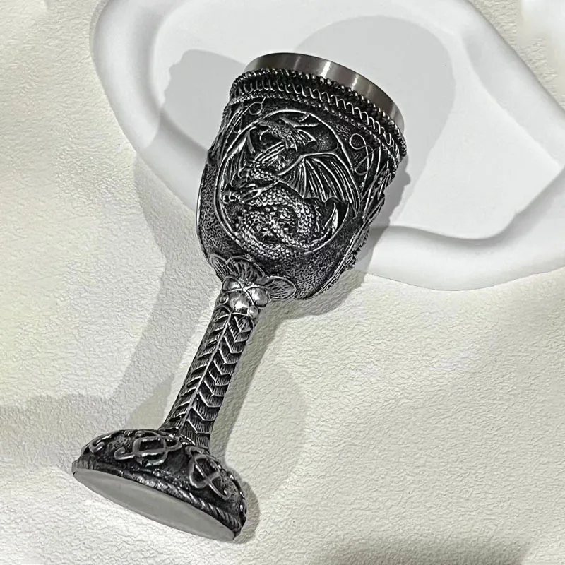 Prata Dragão Resina Wine Cup, 3D tridimensional Copa alta, Aço inoxidável, Copa de café criativa, Decoração do quarto