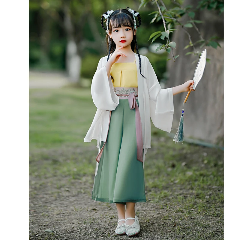 

Vintage Chinese Style Hanfu Song Dynasty Children Clothes Girl Ethnic Long Sleeve Ancient Costume Tops Cape Pants Three Piece