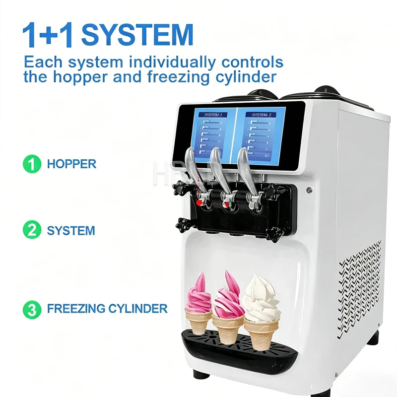 Commercial Soft Ice Cream Maker with Material Tank Frozen Yogurt Machine Desktop Three Flavor Options One Click Thawing