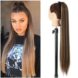 32Inch Synthetic Long Straight Ponytail Drawstring Ponytail Clip in Hair Extension Black Blonde Hairpiece for Women