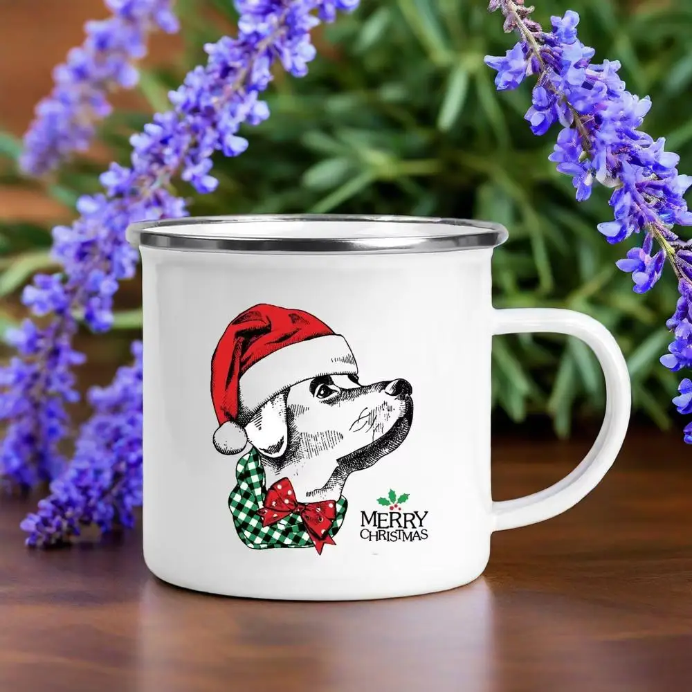 

Santa Hat Animal Dog Cat Print Creative Coffee Cup Christmas Party Drink Wine Beer Juice Milk Cups Handle Enamel Mugs Xmas Gifts
