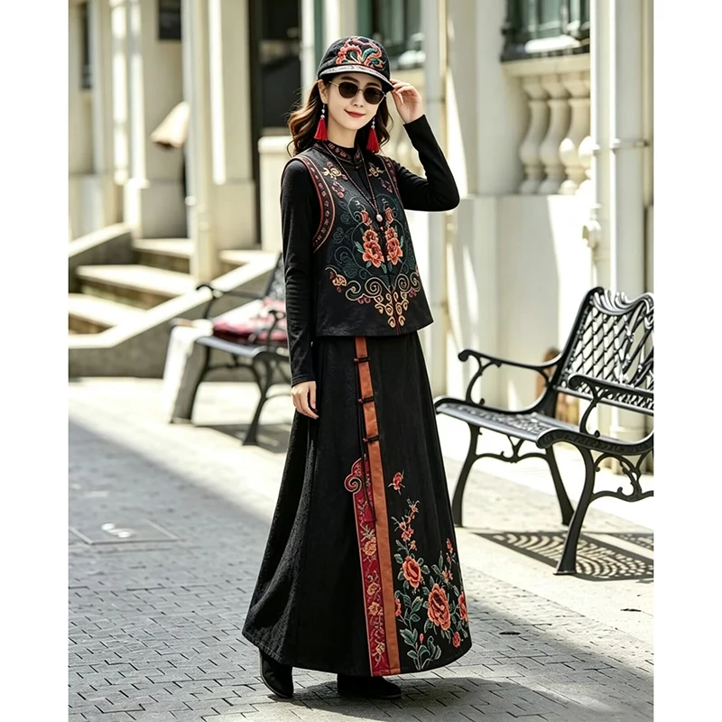 Elegant Embroidered Heavy Work Midi Skirt Women's Autumn New Chinese Style Peony Flower Large Flared Skirt Retro Button Design