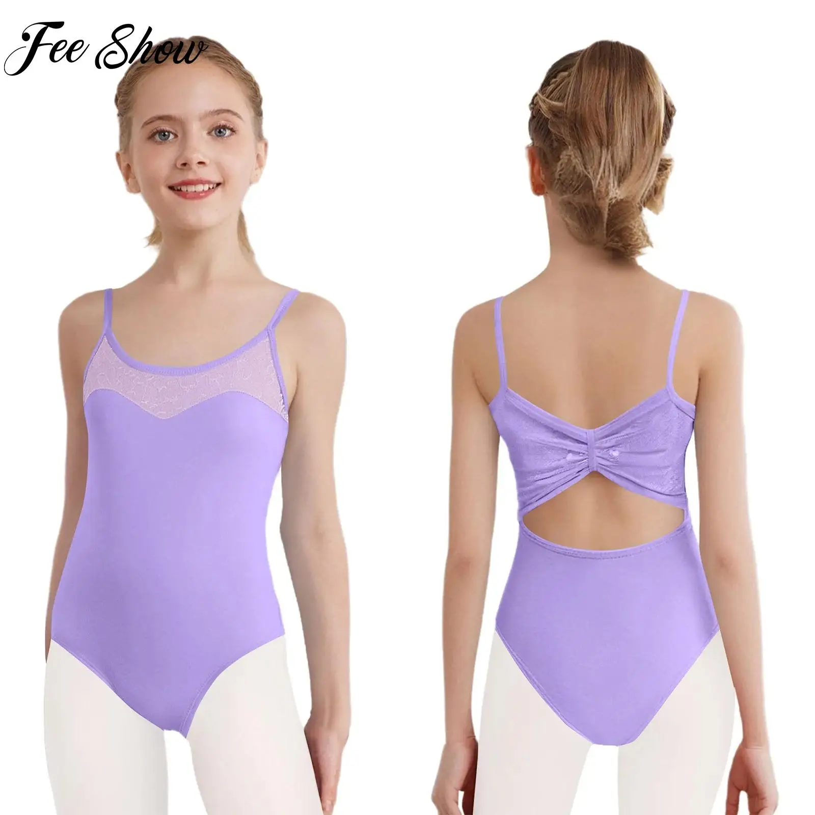 Lace Kids Girls Ballet Gymnastics Leotard Spaghetti Straps Cutout Knot Back Bodysuit Skating Performance Dancewear Training Wear