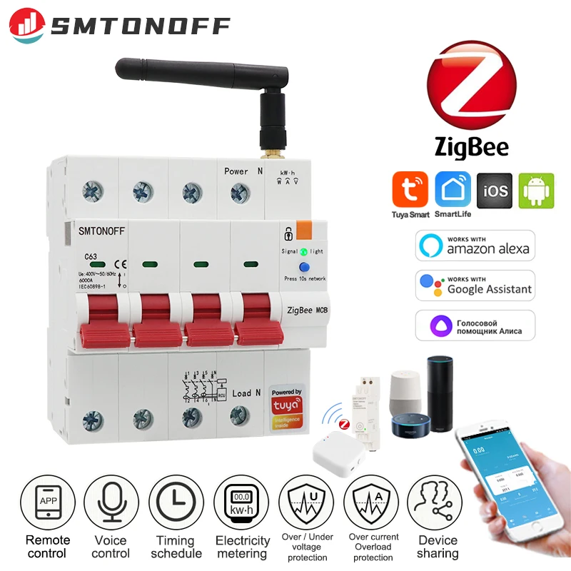 Zigbee Tuya 4P Smart MCB misuratore di energia Timer interruttore protezione corrente di tensione controllo vocale Alexa Google Alice