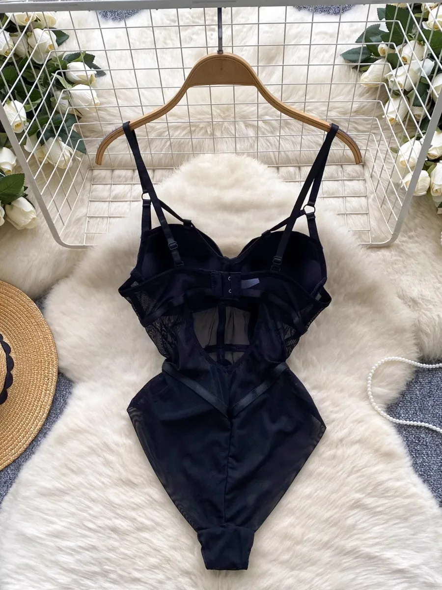 Foamlina-Body Sexy con tirantes y almohadillas para el pecho para mujer, monos con tirantes ajustados de malla transparente Pure Desire de verano