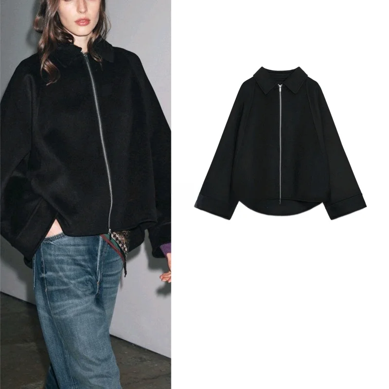 

Autumn New Women's Long Sve Notch Collar Loose Wool Blend Patchwork Design Zipper Coat Breathable Polyester Fiber Ladies O...