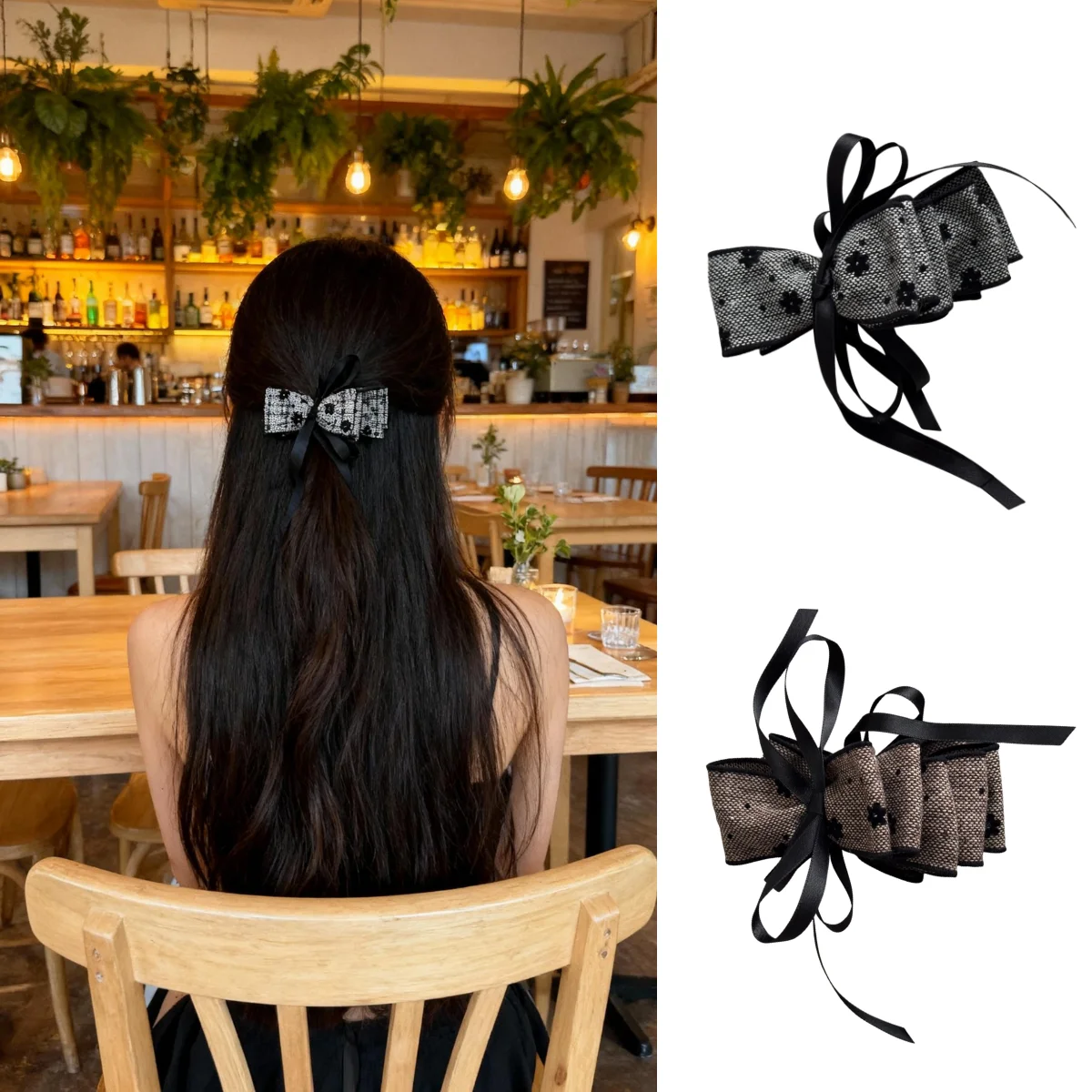 

Flocked Floral Multi-Layer Bow Hair Clip Women's Back-of-Head Vertical Clip Premium Ribbon Large Ponytail Clip Banana Clip