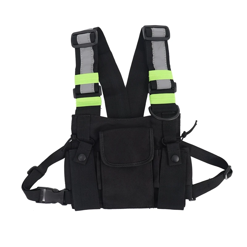 2X Radio Saku Radio Harnes Dada Depan Tas Kantong Holster Vest Rig Carry Case untuk Baofeng UV-5R Hitam + Hijau