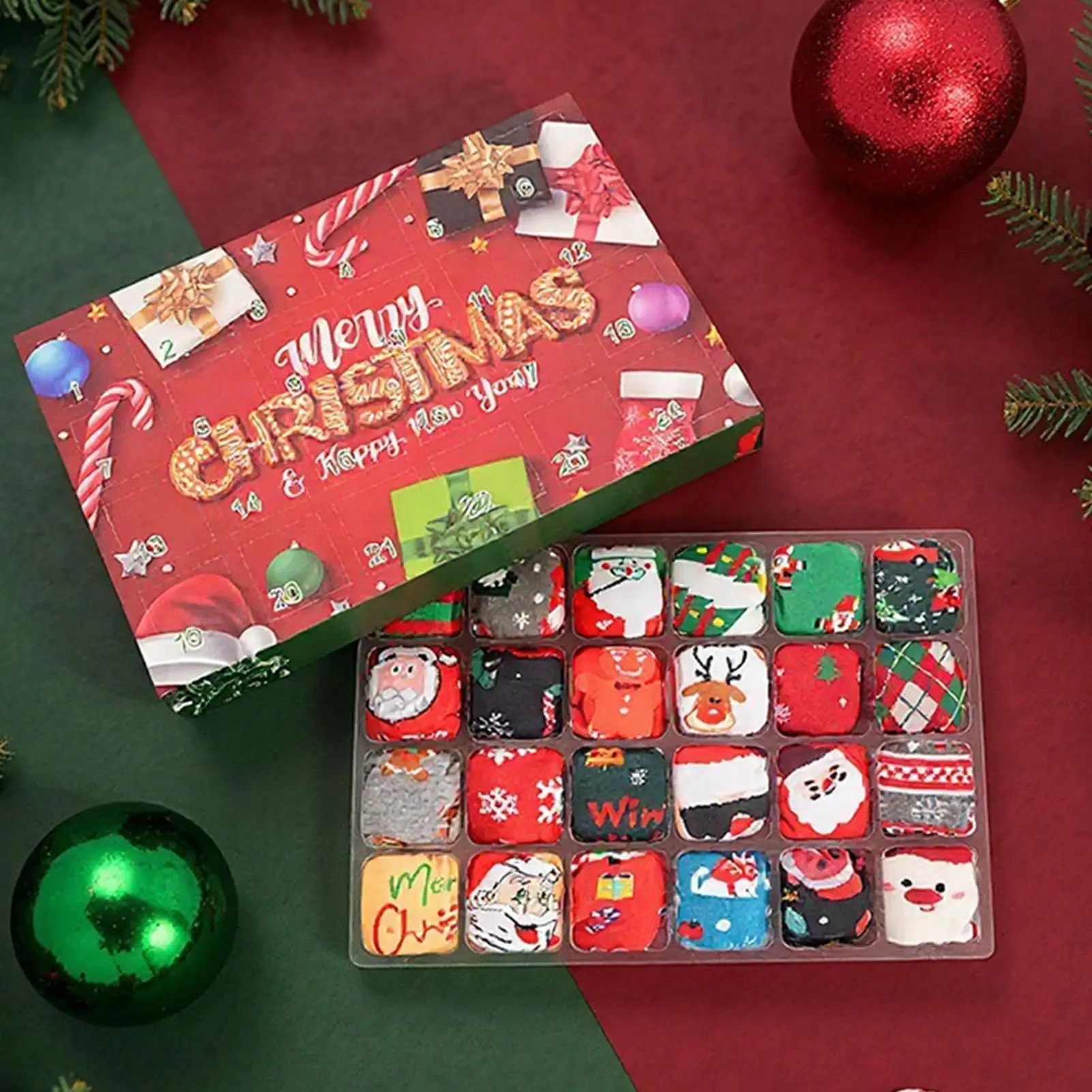 

Рождественские носки Адвент 24-дневный Адвент Обратный отсчет 12 пар красочных носков для экипажа для женщин, мужчин, взрослых, подростков, праздник