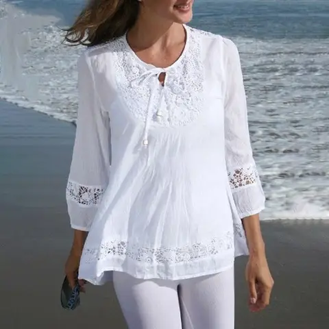 Elegante camicia con decorazione in pizzo da donna scava fuori o collo pullover con lacci camicetta stile inglese pendolare maniche a sette quarti