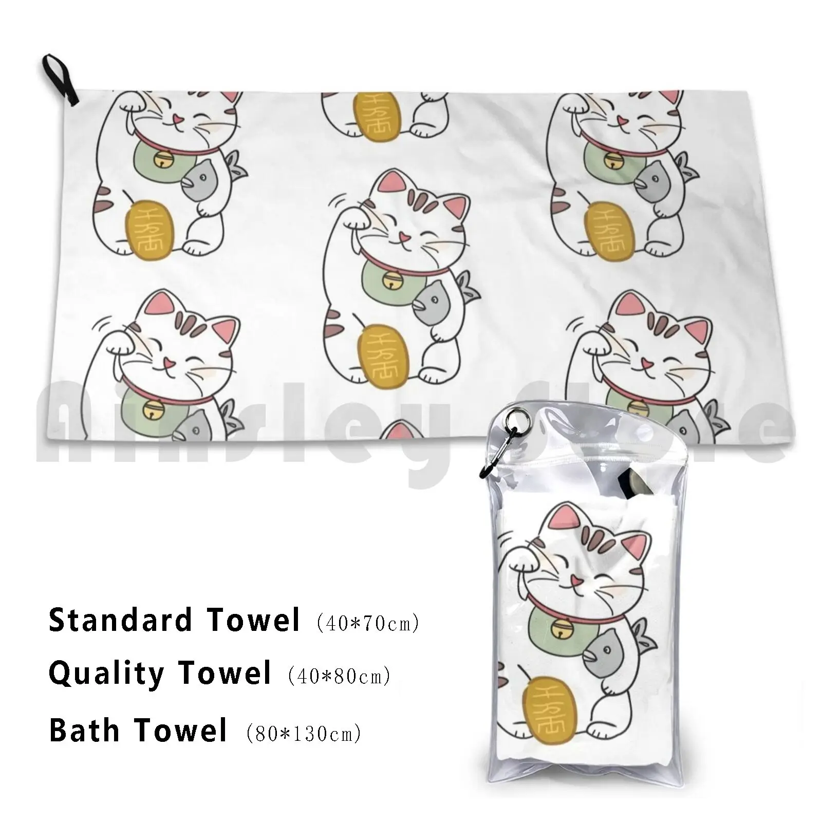 Toalla de baño de gato de la suerte, cojín de playa, gato de la suerte, gatito de la suerte, gatos, peces de la fortuna, animales lindos, campana folclórica Kawaii