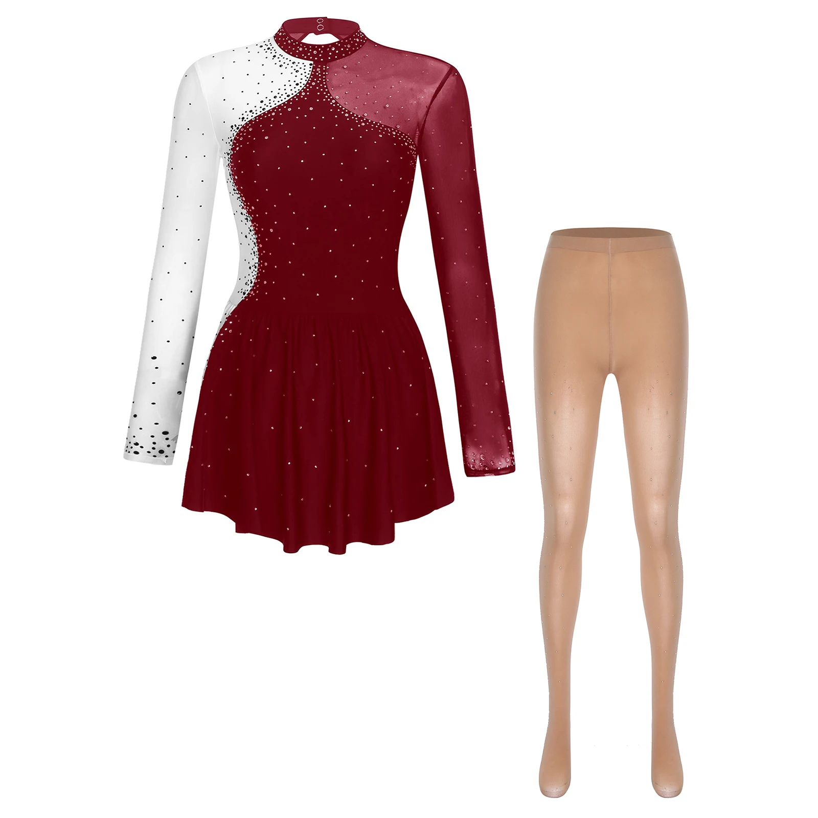 Women Gymnastics Figure Skating Dress Lyrical Dance Performance Costume Rhinestones Classical Skating Leotard Dress and Tights