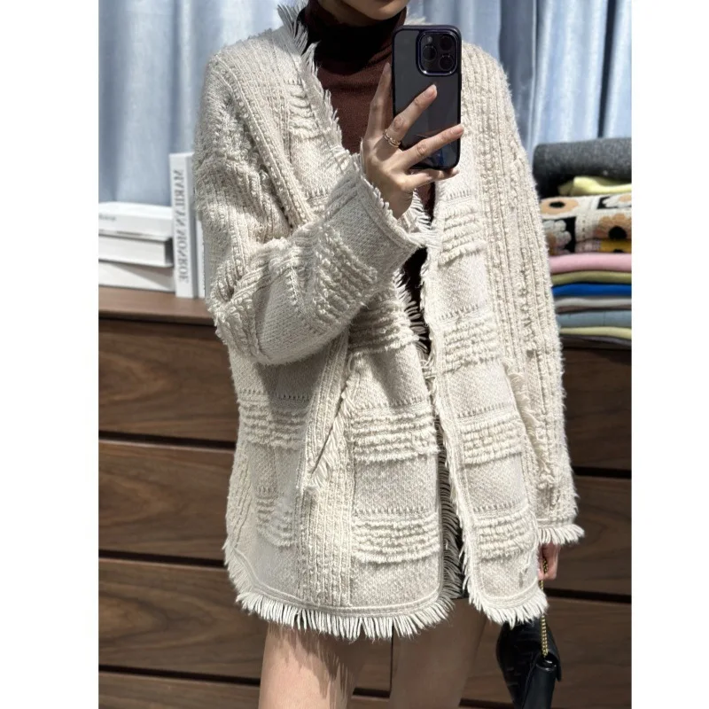 Autumn And Winter New Cardigan Women\'s 100 Pure Wool Sweater Chanel Tassel Loose Lazy Style Knitted Sweater Coat For Women