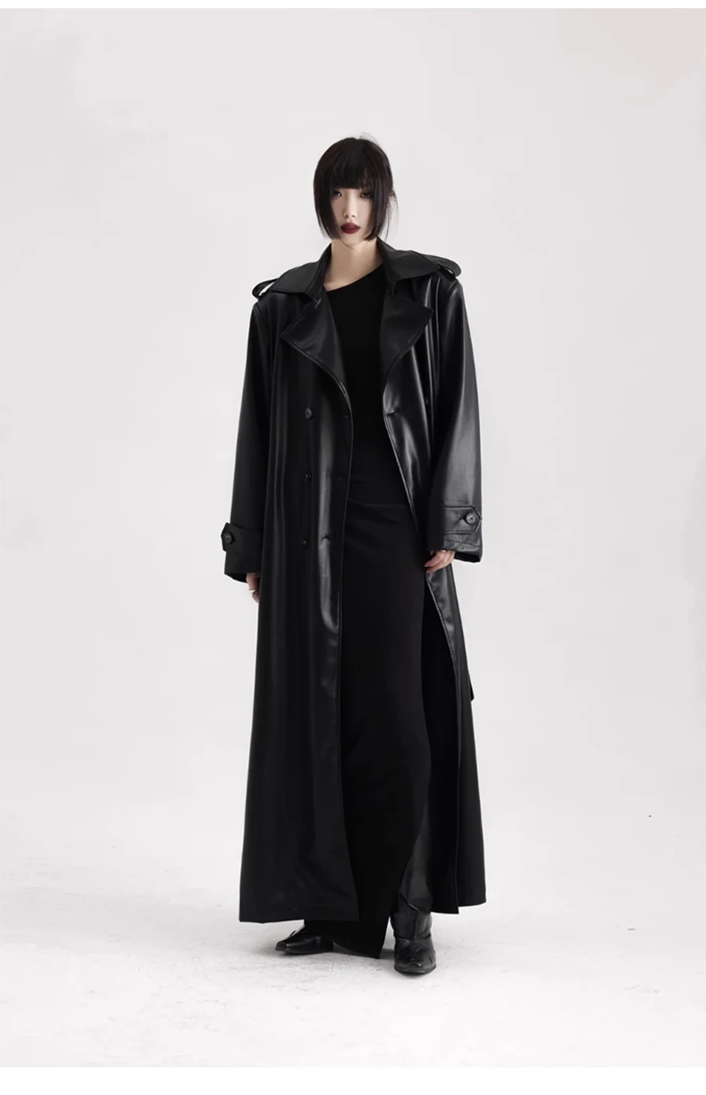 Lautaro Spring Autumn Extra Long Black Soft Pu Leather Trench Coat for Women Double Breasted Loose Casual Korean Fashion 2024