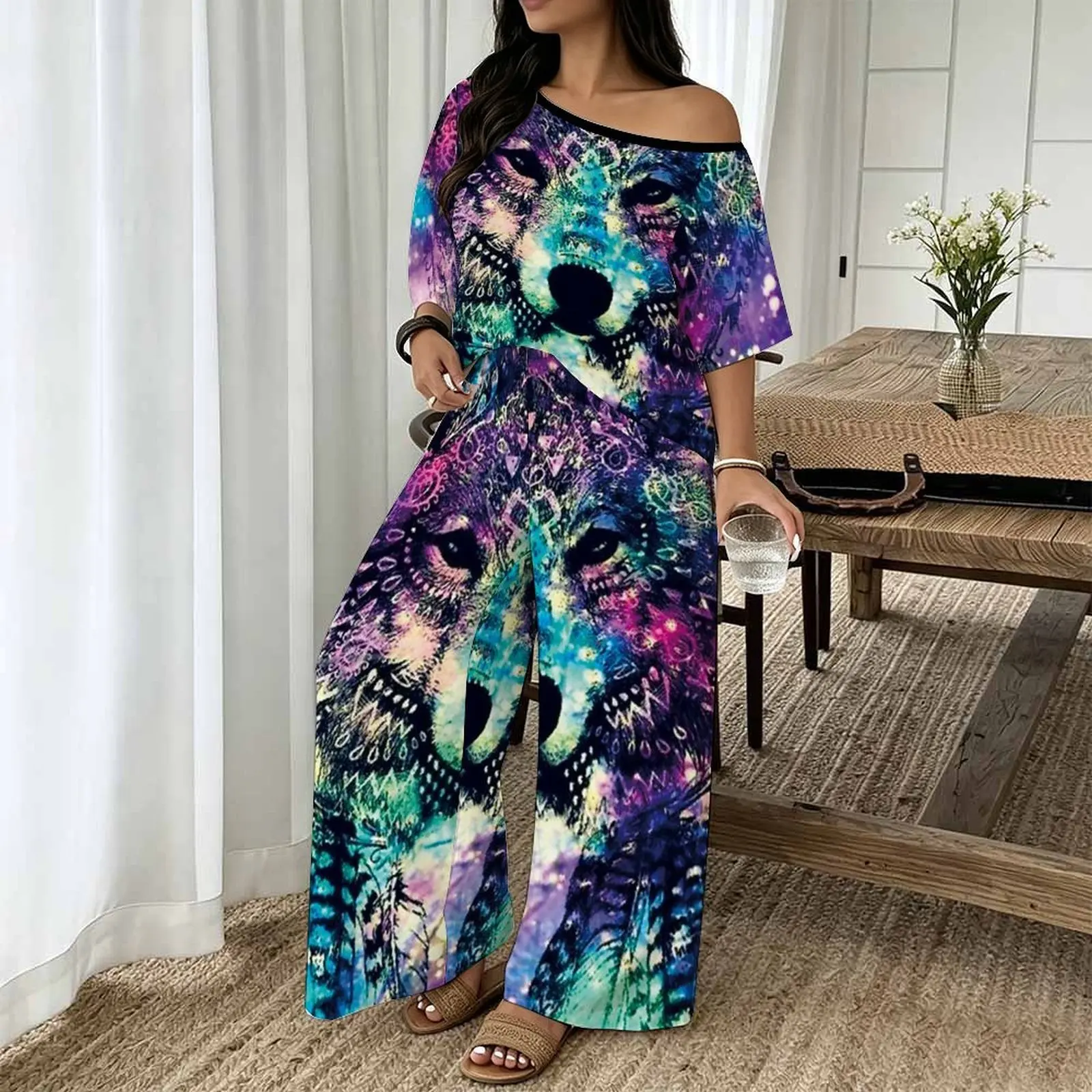 Plus Size Women Spring/summer Fashion Print Two Piece Off-shoulder  Round Neck T-shirt Casual Vacation Long Pants