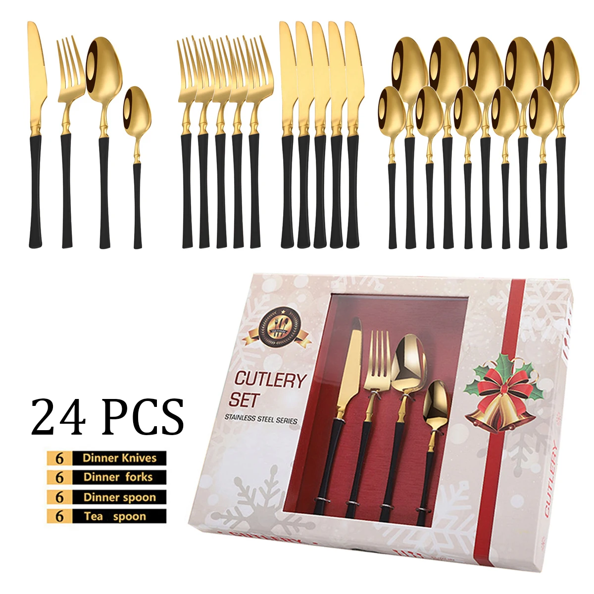 24Pcs Black Gold Dinnerware Set Knife Fork Teaspoon Cutlery Set with Gift Box Stainless Steel Tableware Western Kitchen Flatware