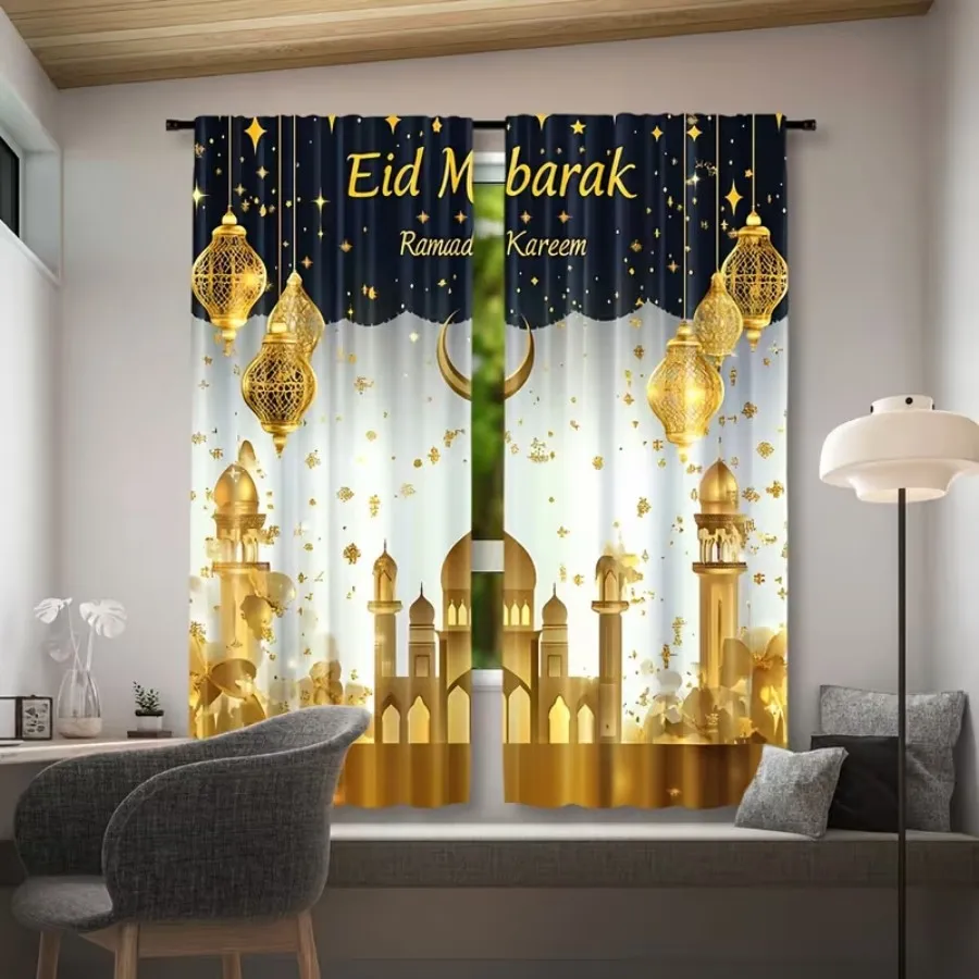 2 PCS Gorgeous Ramadan Curtains, Eid Festival Style Window Drapes for Living Room Bedroom Home Decor Polyester Rod Pocket