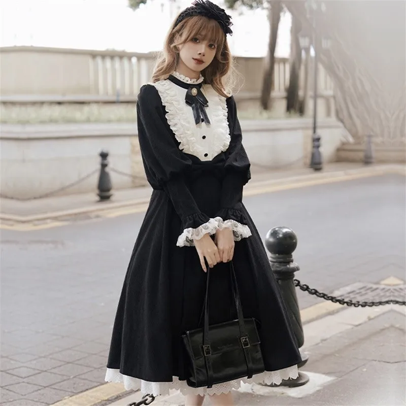 Gothic Lolita OP Dress Vintage Nun Style Autumn Winter Velvet Dress Black Medieval Lace Standing Neck Dress With Bow Tie