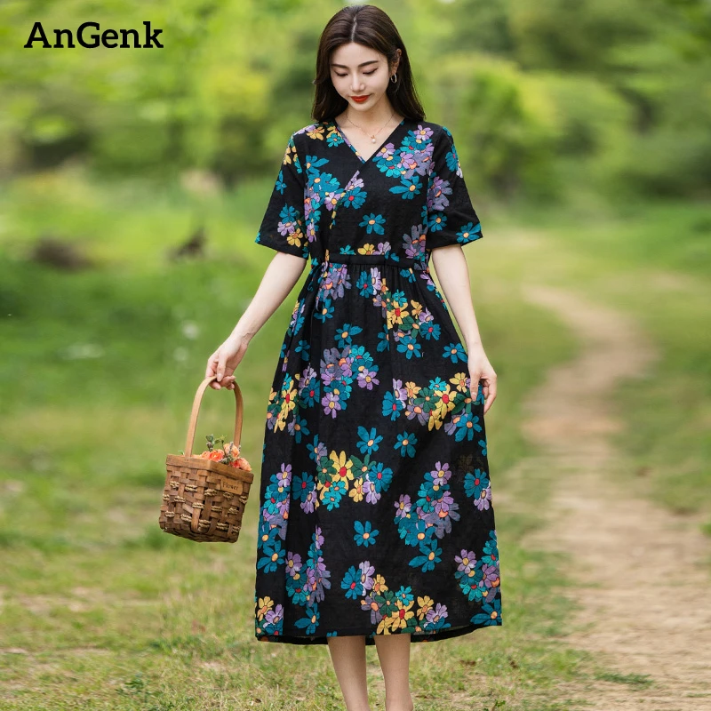 

Summer Cotton V-Neck Vintage Print Dresses For Women 2023 Casual Long Dress Femme Robe Holiday Beach Vestidos Elegant Clothing