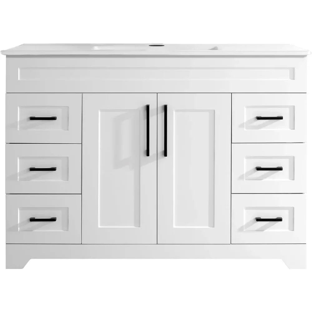 48” Bathroom Vanity with Ceramic Sink Combo, White Bathroom Cabinet with Soft Closing Doors & Drawers,Bathroom Storage Cabinet