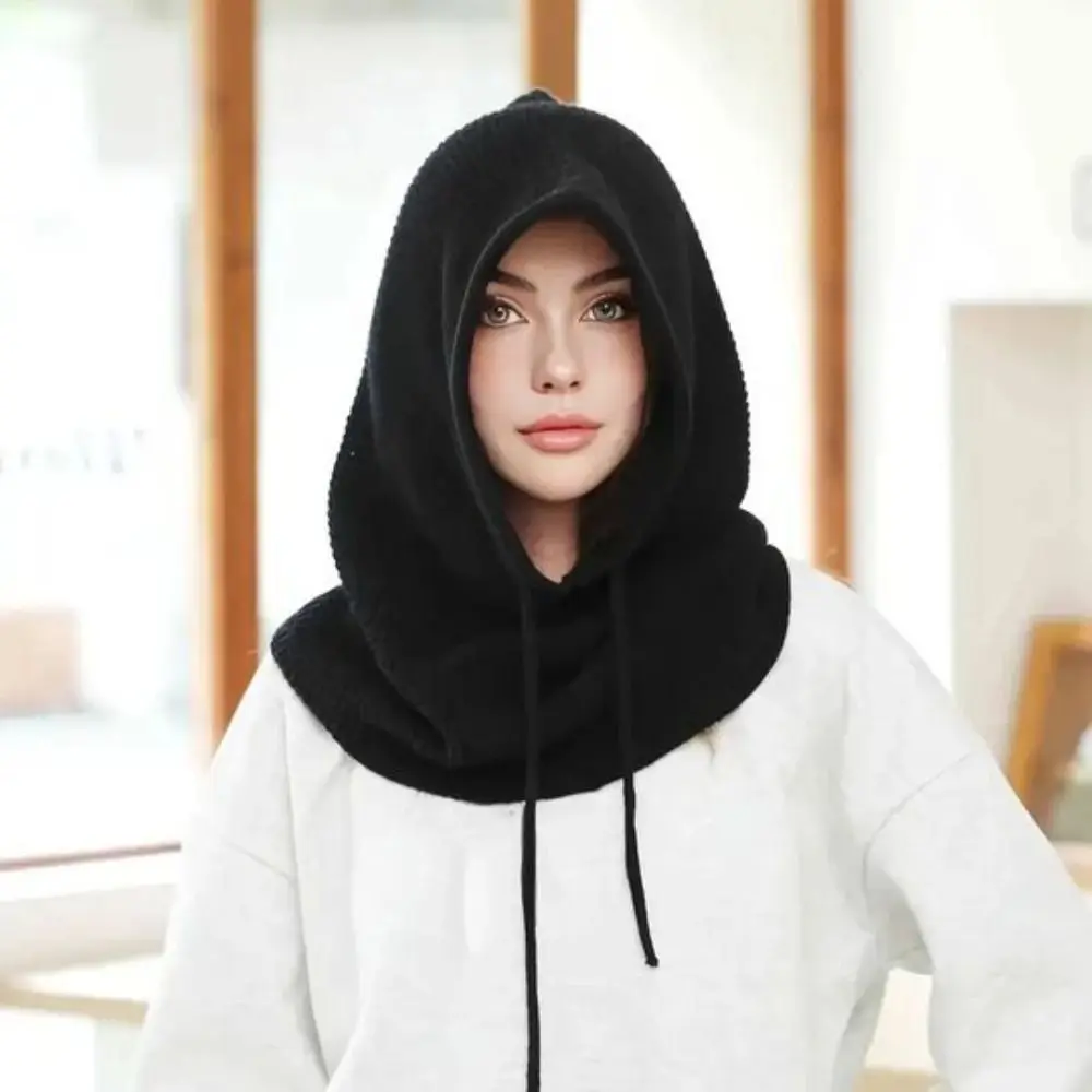 Fashion Solid Color Drawstring Balaclavas Hat Warm Earmuff Pullover Cap Windproof Soft Winter Neckerchief Ski