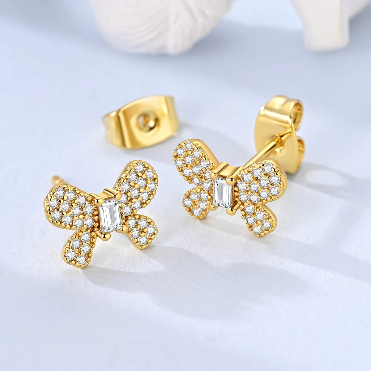 

925 Sterling Silver Earrings Golden Sugar Cube Bow Stud Earring For Anniversary Wedding Jewelry Gifts