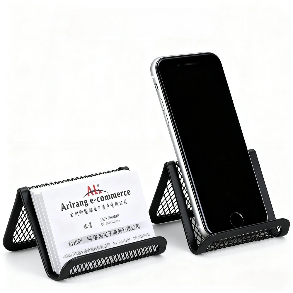 حامل بطاقات عمل معدني 2 في 1 وحامل للهاتف المحمول ومنظم بطاقة اسم سطح المكتب مع حامل كمبيوتر لوحي مكتبي متوفر باللون الأسود/الفضي