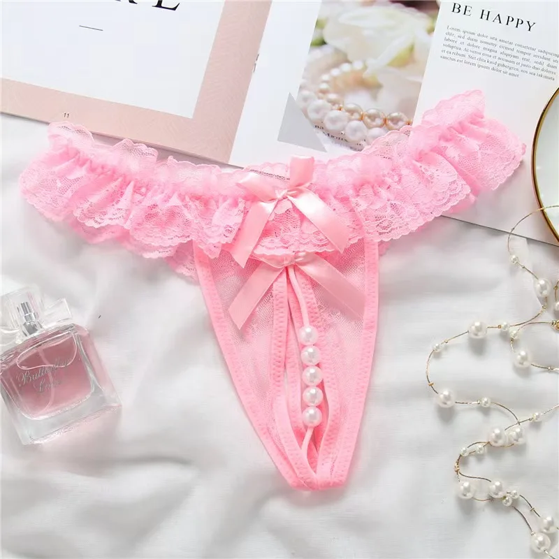 

Lace open top thong massage pearl sexy underwear female sexy transparent non stripping pants