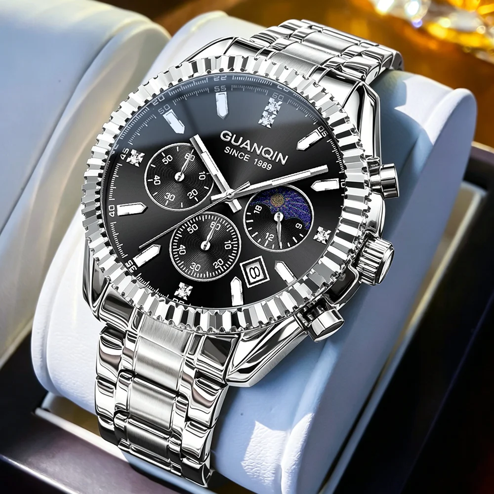 GUANQIN Men's Watches Classic Fashion 316L Fine Steel Original Brand Quartz Wristwatch Moon Phase Chronograph Waterproof Date