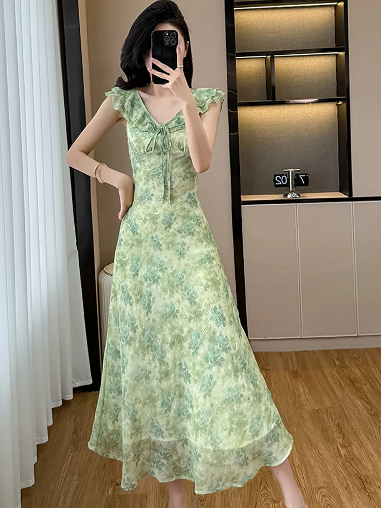 여성 그린 플로럴 쉬폰 시크 보우 러플 V넥 섹시 드레스 여름 우아한 캐주얼 비치 드레스 2025 한국 바디콘 파티 드레스
