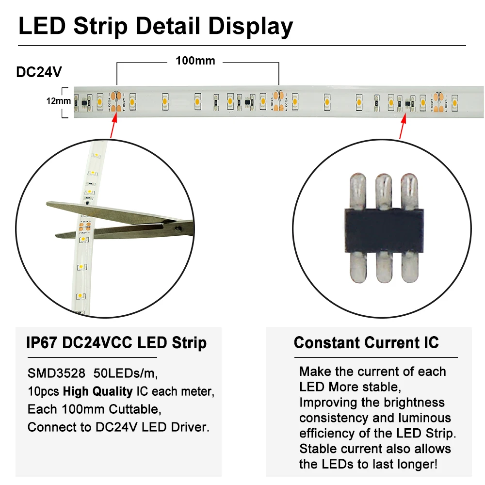 Constant Current LED Strip Lights,Waterproof IP67,Warm White 2400K,DC24V,High Quality Constant Current IC,Dimmable