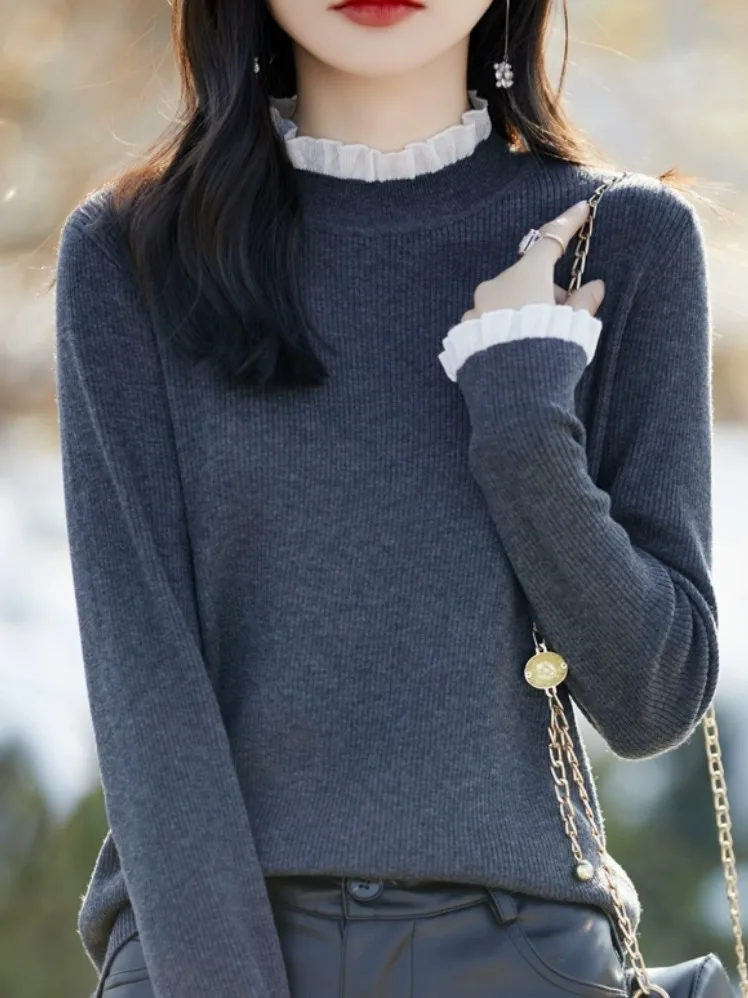 

Outlet Store f High Collar Women's Knitted Lace Base irt Rabbit Fur Polyester Wool Blend Long Sve Regular Fit