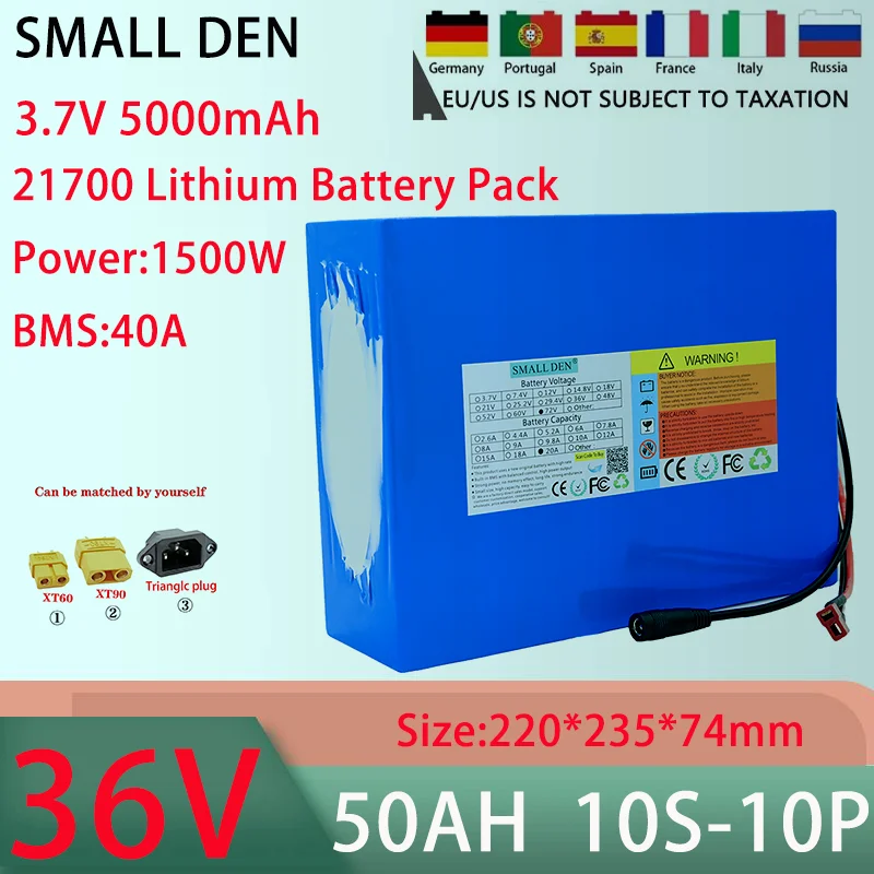 New 36V 50AH 10S10P 21700 lithium battery pack With 40A BMS 100-1500W high-power rechargeable battery+42V 5A charger