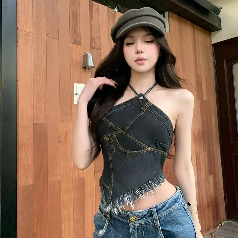 American Denim Halter Neck Suspender Mujer Verano Sexy Parte de atrás bonita Diseño delgado Top irregular
